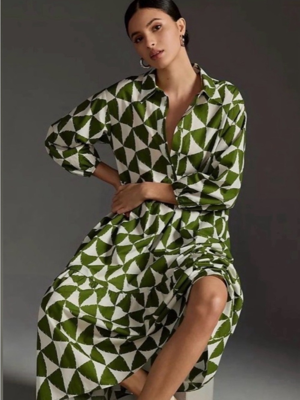 Maeve Bettina Tiered Anthropologie Olive Geometric Print